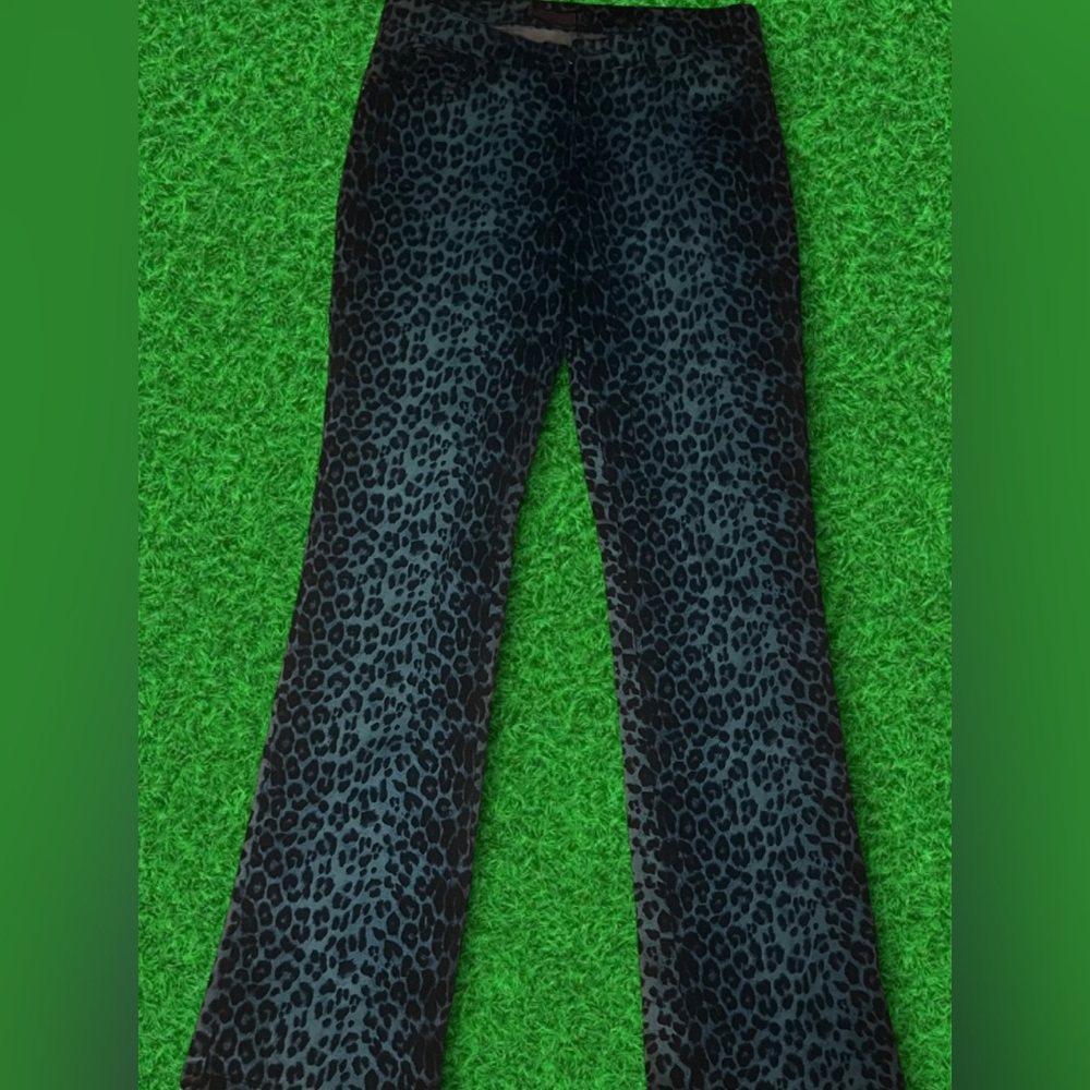 blue leopard flared skinny jeans